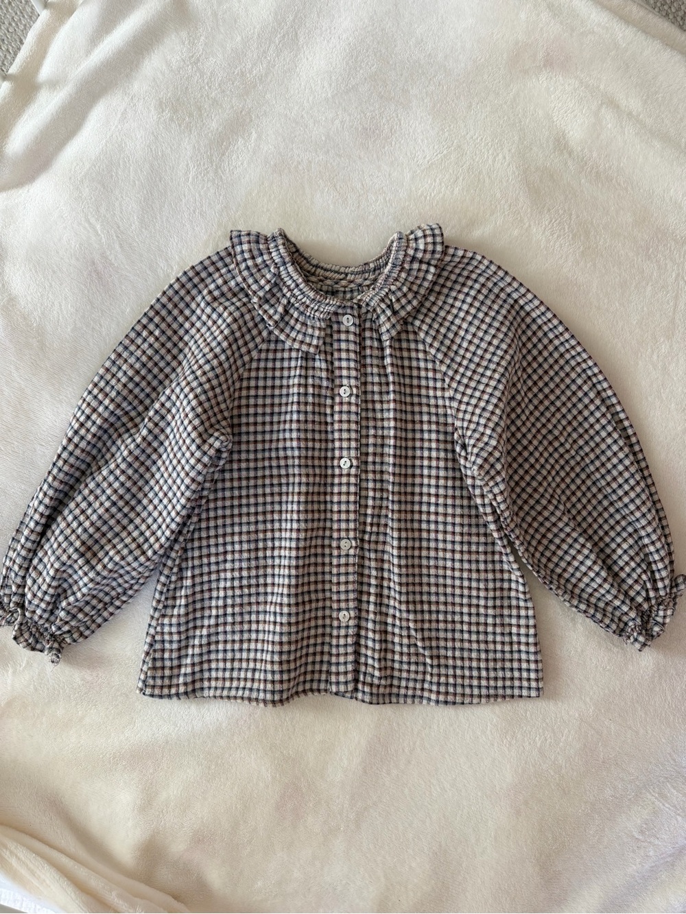 Plaid Ruffle Collar Button-Front Kids Top - Beige & Navy